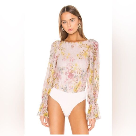 Revolve Tularosa Janet Pink Floral Bodysuit SMALL Boho Fairy Romantic Feminine - Picture 3 of 10